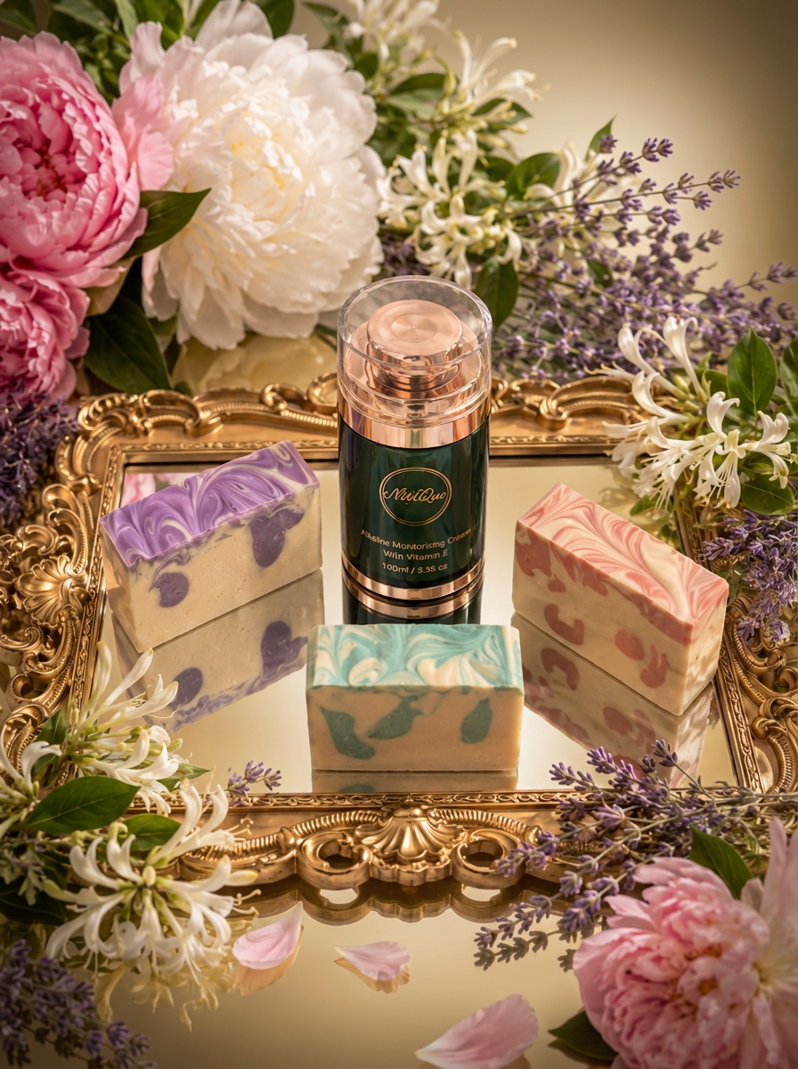 NuviQue handmade soaps and alkaline moisturising cream on a gold tray